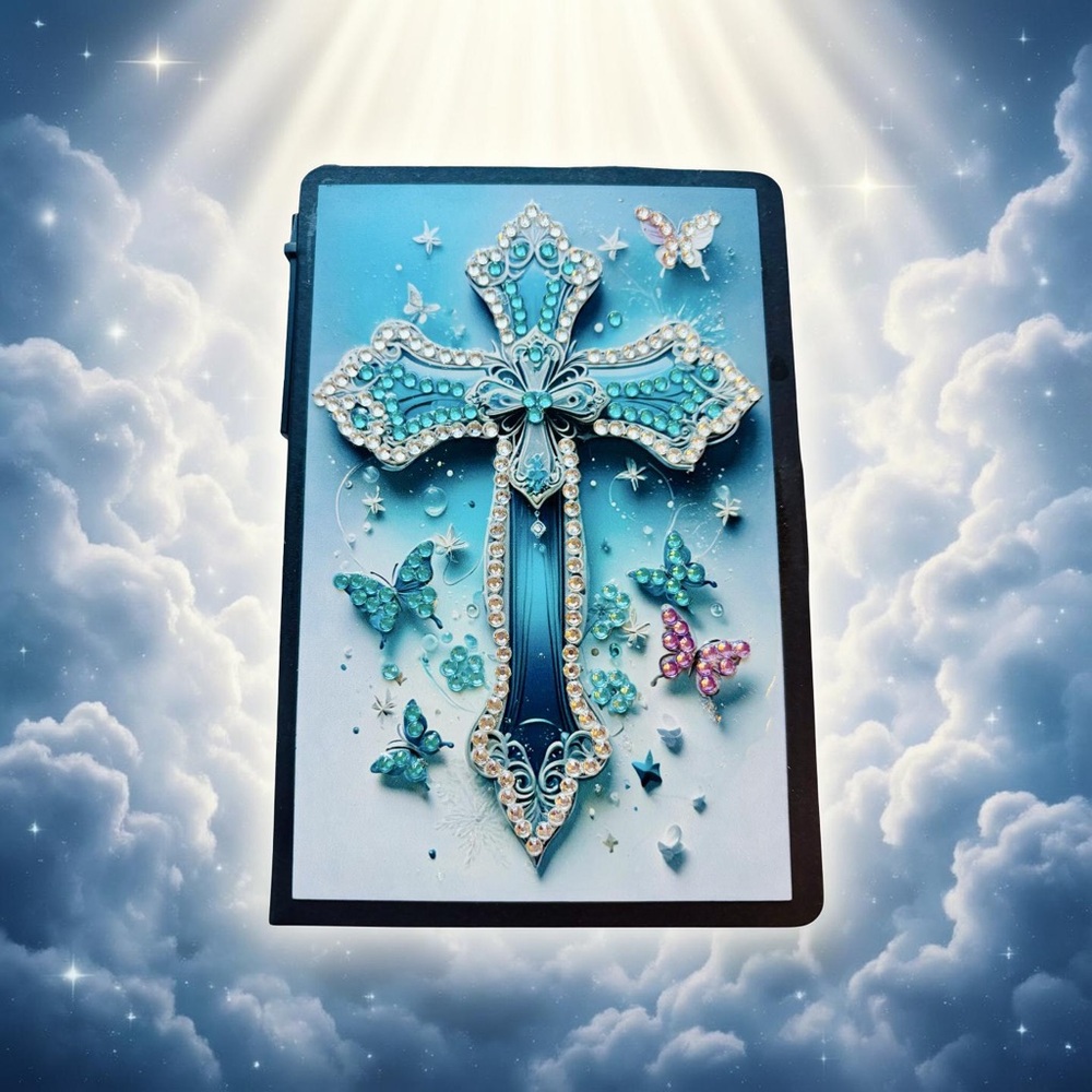 Hand Crafted Diamond Art Blue and White Cross Notebook with Butterflies